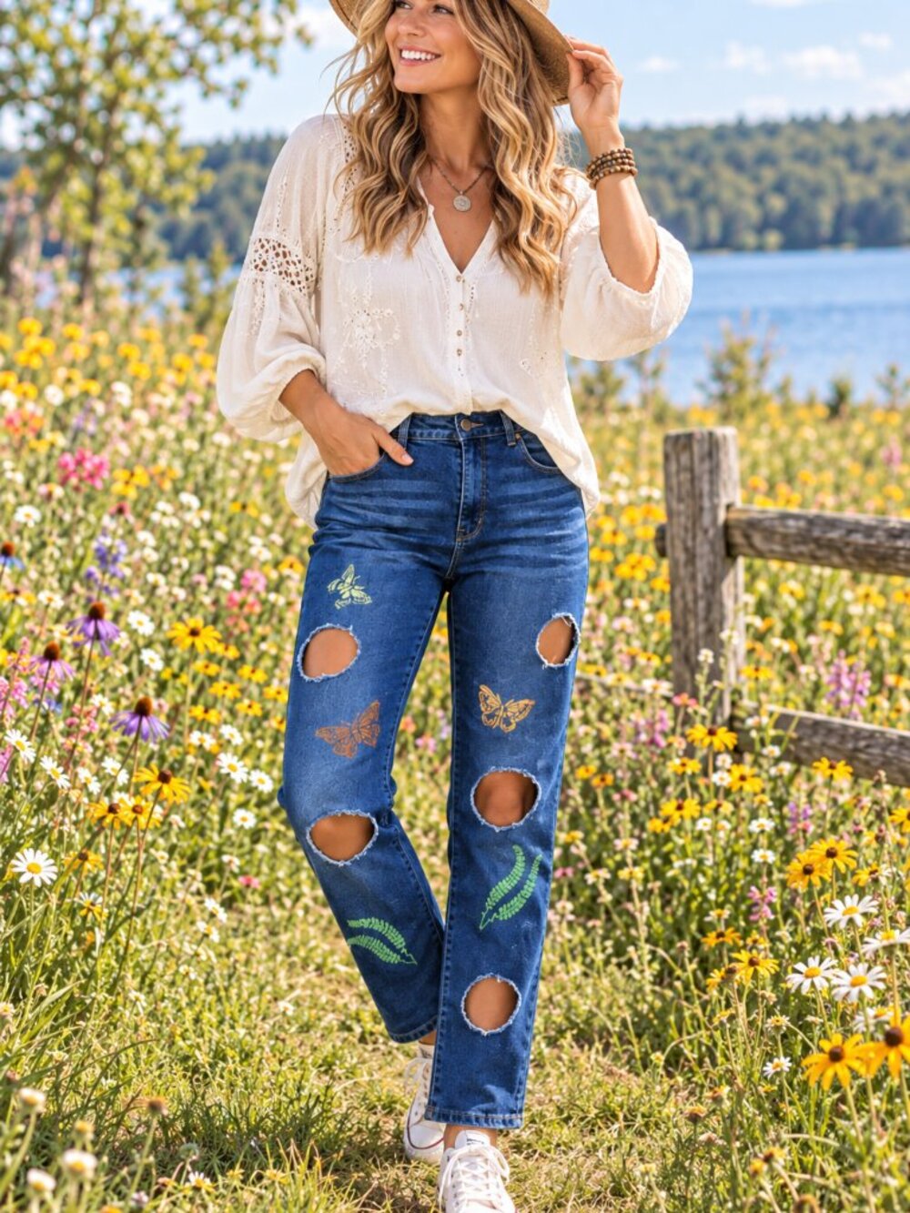 Upcycled Jeans with Cutouts Painted Butterfly Funky Pants Junior Size 15